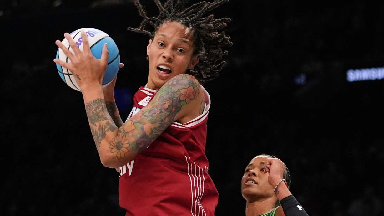 FILE - Vinyl BC forward Brittney Griner (42) rebounds in front of Phantom BC wing Natasha Cloud (15) during the first half of a semifinal in their Unrivaled 3-on-3 basketball game, Monday, March 2, 2026, in New York.