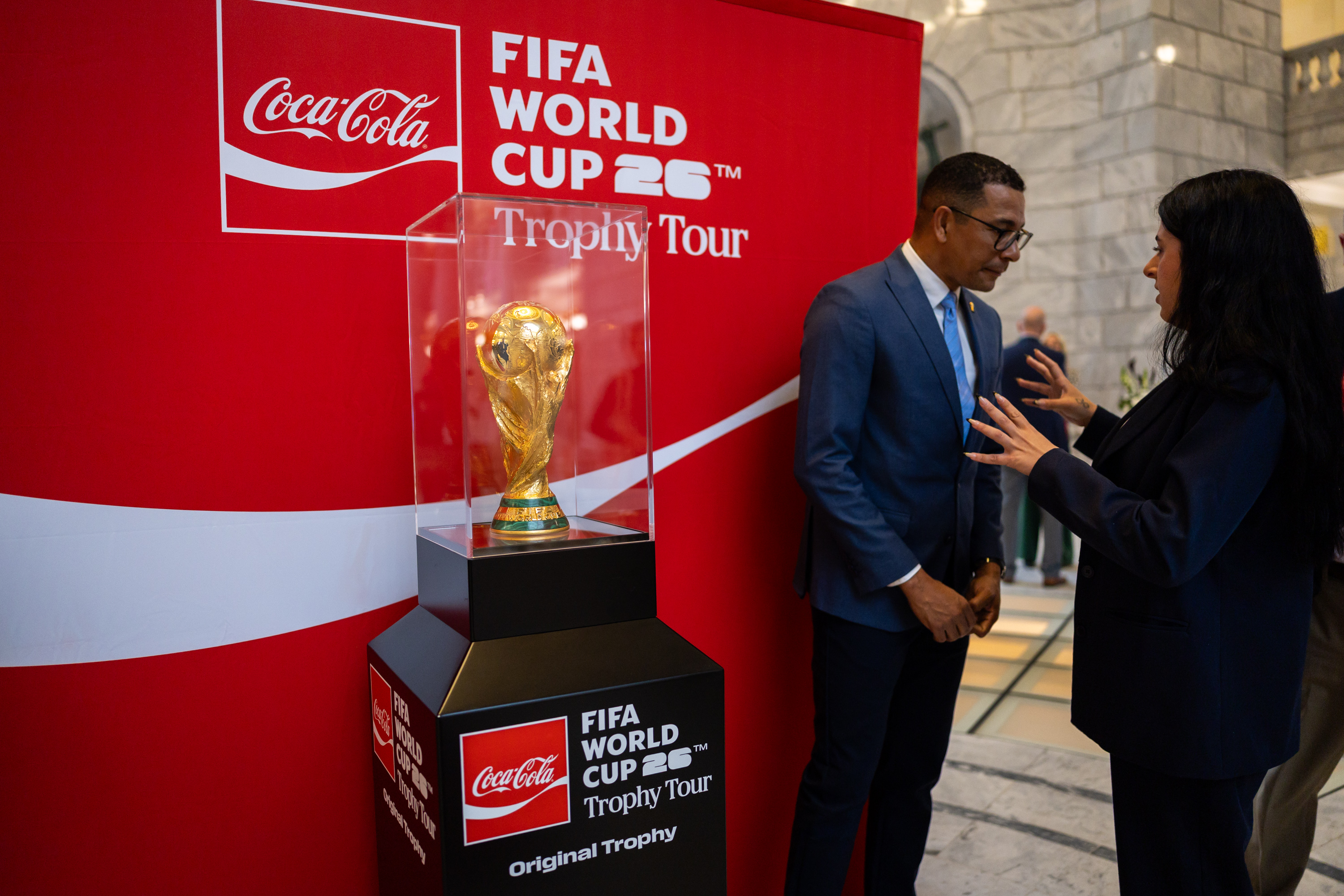 The original FIFA World Cup Trophy is on display during the FIFA World Cup Trophy Tour by Coca-Cola at the Capitol in Salt Lake City on Wednesday, April 1, 2026.