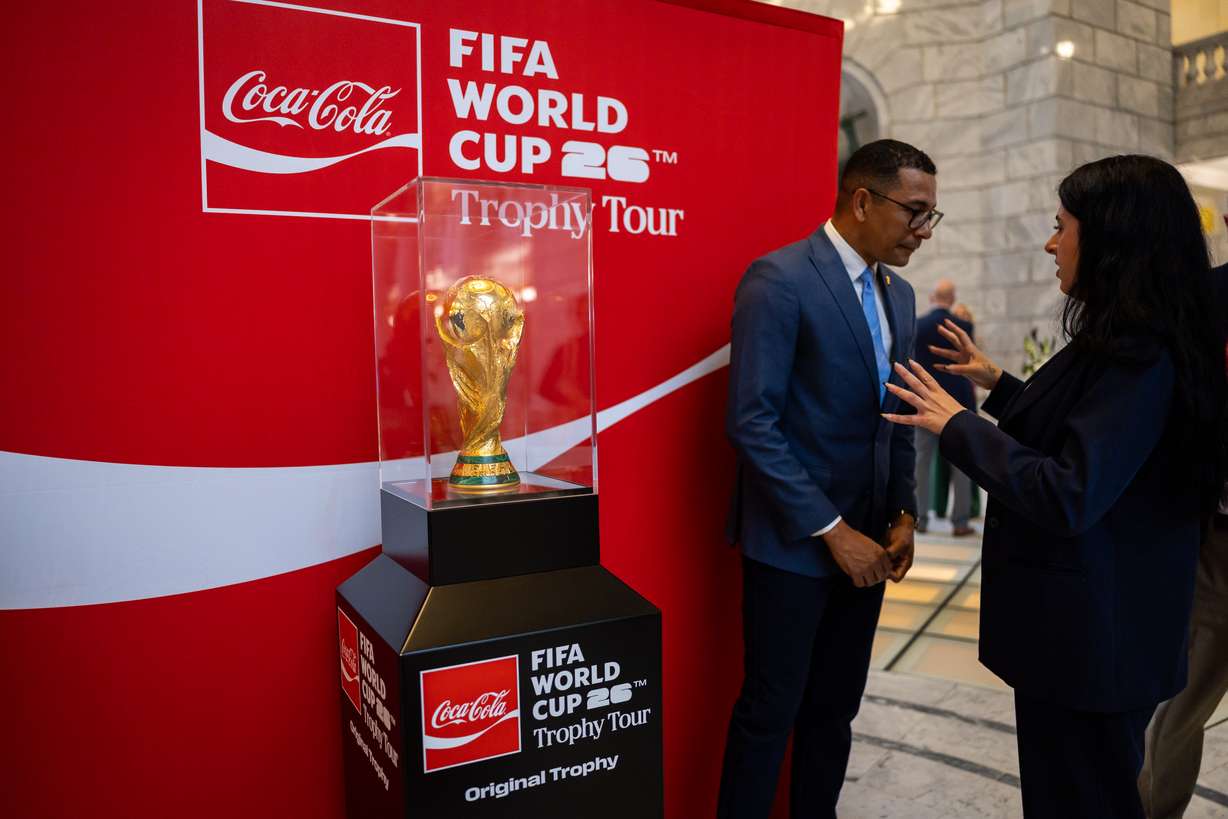 The original FIFA World Cup Trophy is on display during the FIFA World Cup Trophy Tour by Coca-Cola at the Capitol in Salt Lake City on Wednesday, April 1, 2026.