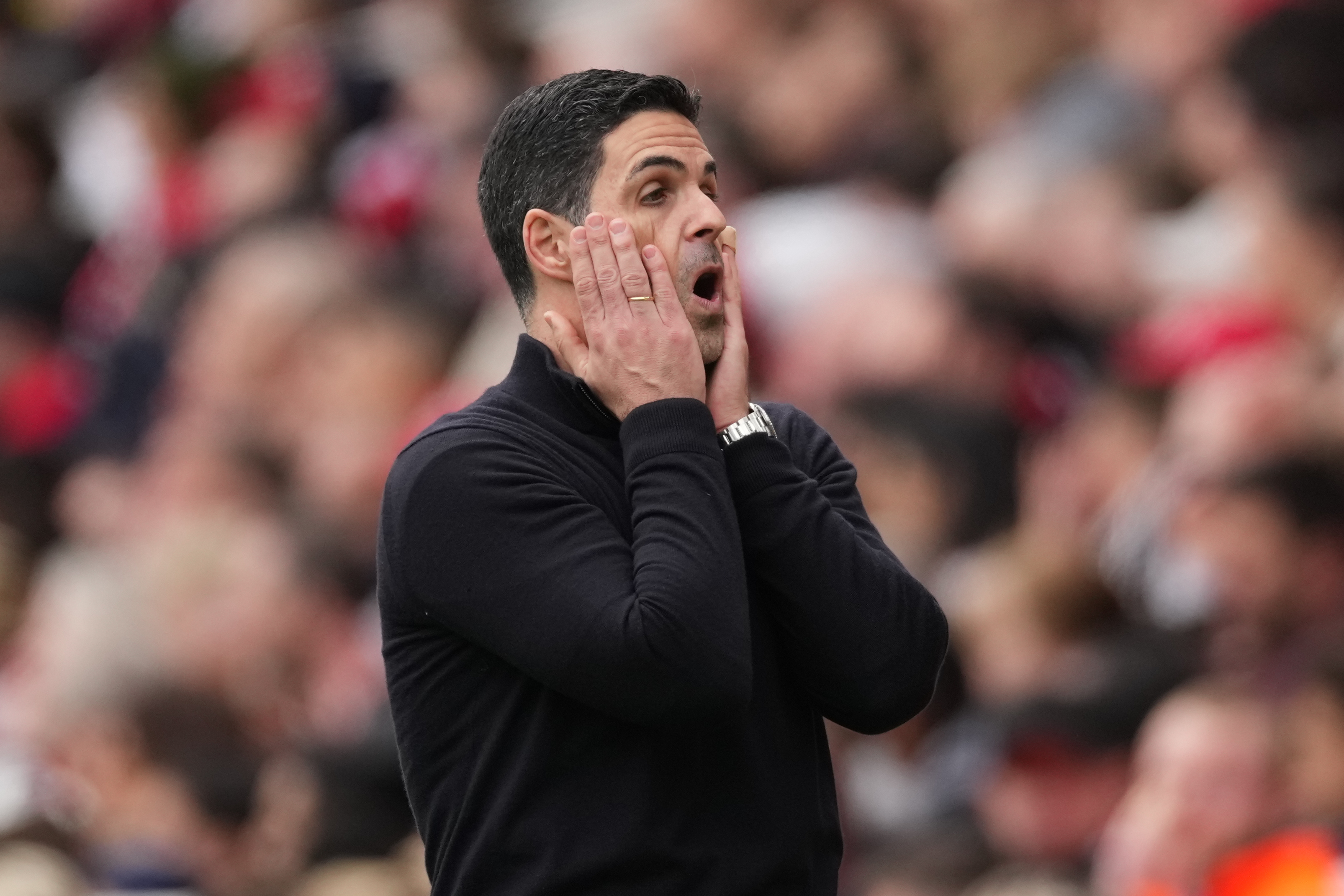 Arsenal's manager Mikel Arteta reacts during the Premier League soccer match between Arsenal and Bournemouth in London, England Saturday, April 11, 2026.
