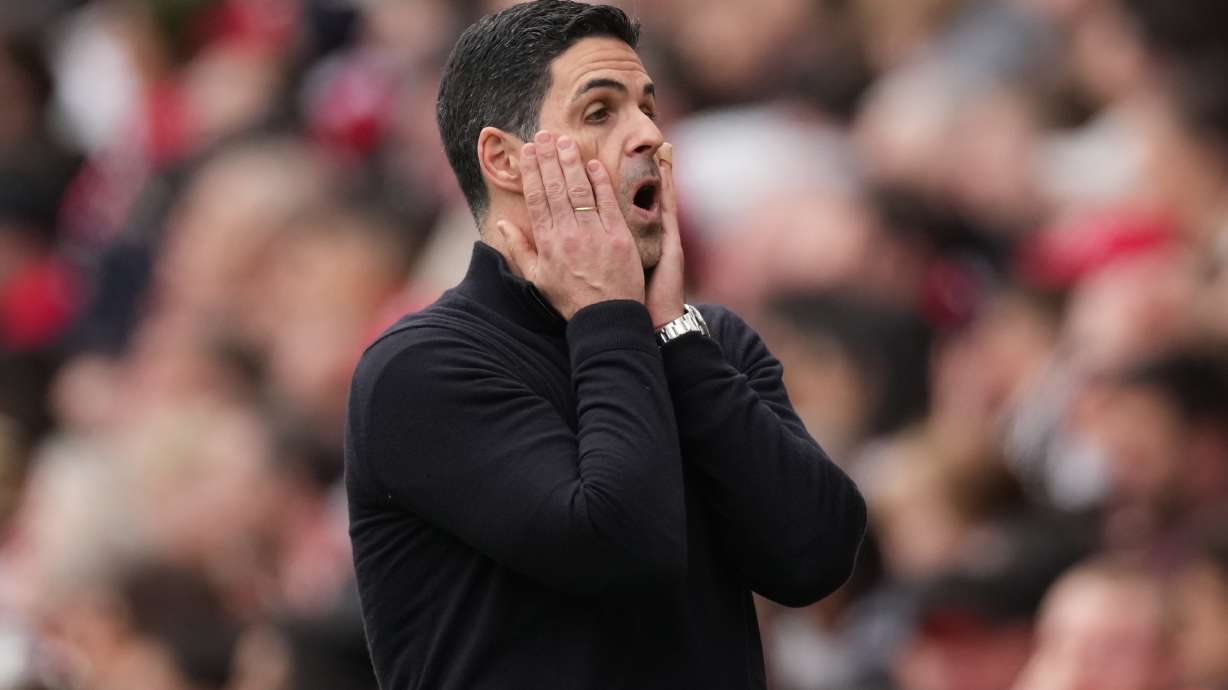 Arsenal's manager Mikel Arteta reacts during the Premier League soccer match between Arsenal and Bournemouth in London, England Saturday, April 11, 2026.