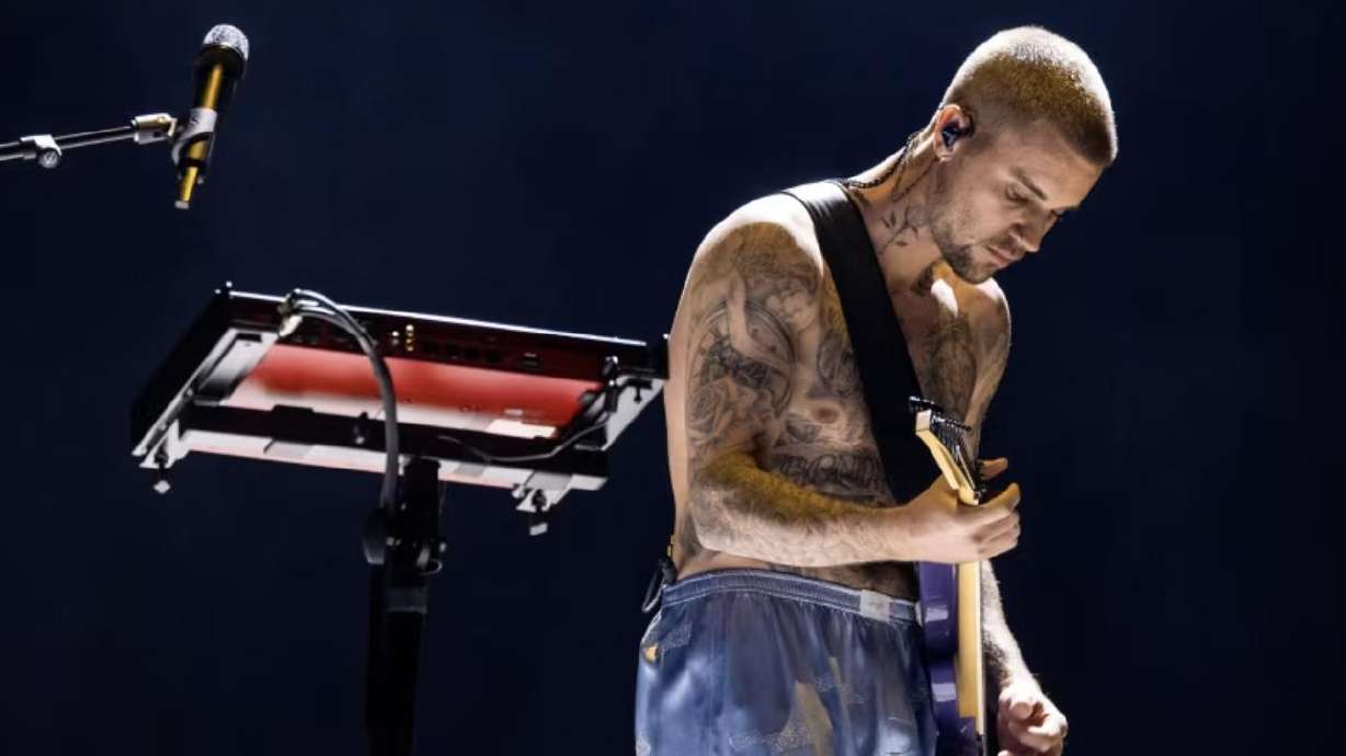 Justin Bieber performing at the 2026 Grammys in Los Angeles.