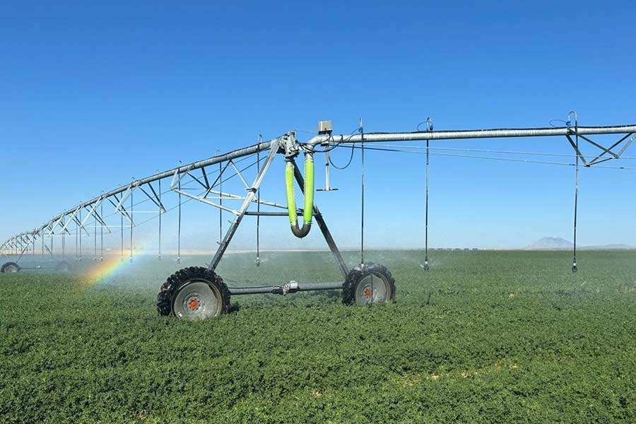 Sprinkler end guns on a center pivot irrigation system at Young Family Farms in Blackfoot, Idaho. Young has had to cut back on planting to conserve water.