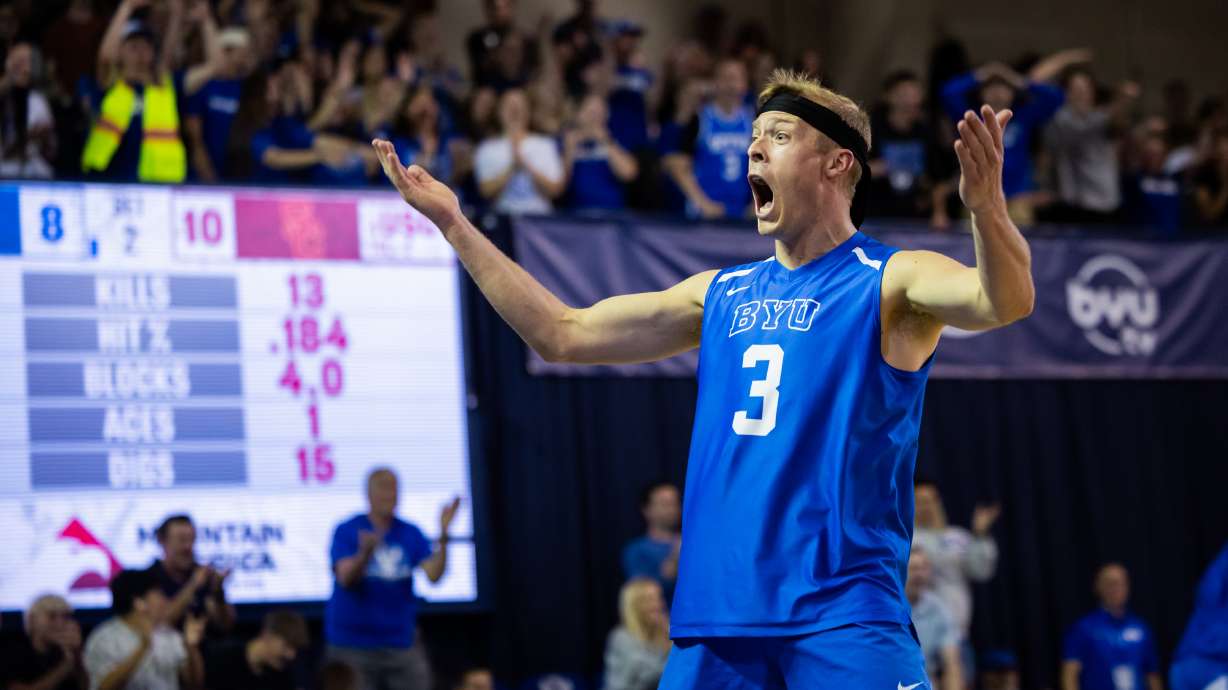 BYU’s Tyler Herget cheers during an NCAA men’s volleyball game against USC held at the George Albert Smith Fieldhouse in Provo on Friday, April 10, 2026.