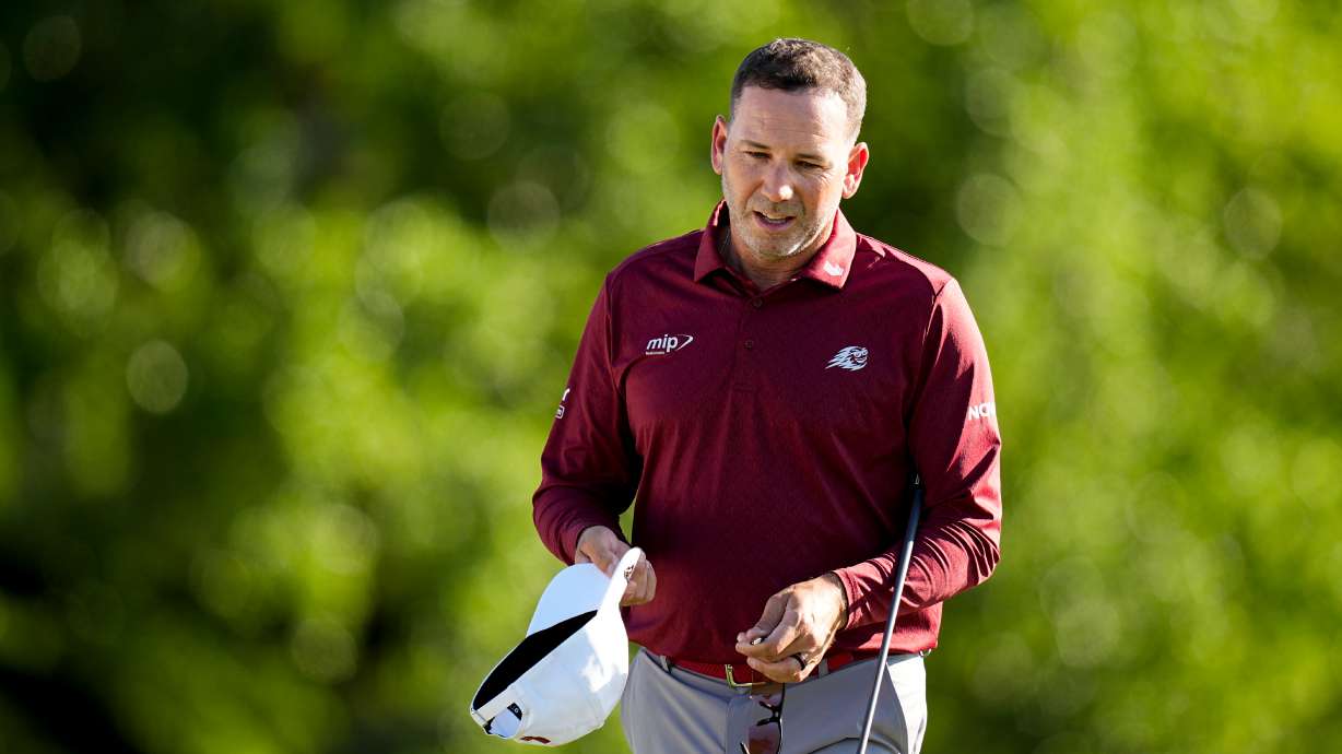 Sergio Garcia, of Spain, finshes his first round in the Masters golf tournament at the Augusta National Golf Club, Thursday, April 9, 2026, in Augusta, Ga.