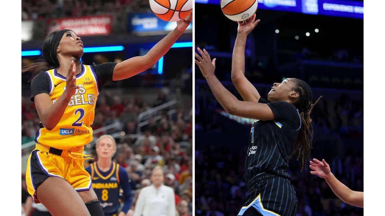 FILE - This photo combination shows Los Angeles Sparks' Rickea Jackson, left, July 5, 2025, in Indianapolis and Chicago Sky guard Ariel Atkins, right, June 28, 2025, in Los Angeles.