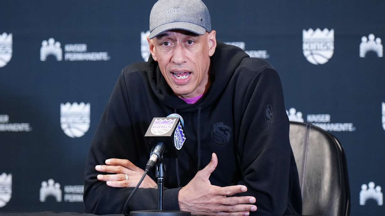 Sacramento Kings head coach Doug Christie speaks to the media before an NBA basketball game against the New Orleans Pelicans, Friday, April 3, 2026, in Sacramento, Calif.