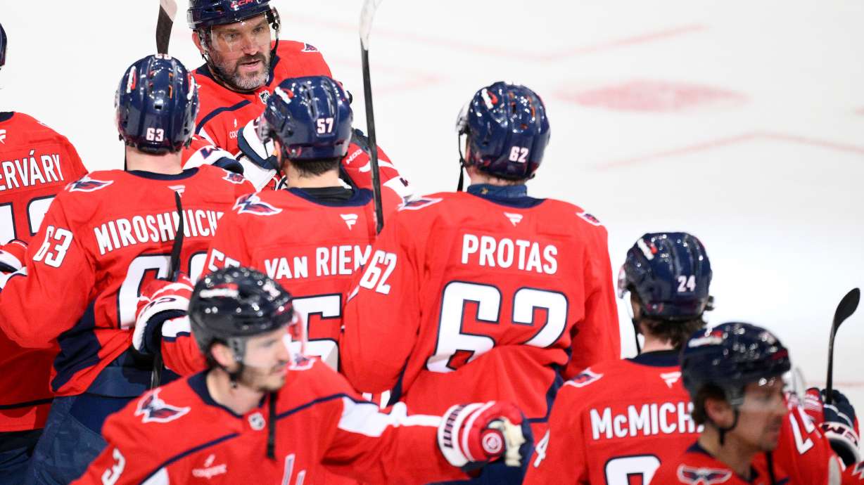 Washington Capitals left wing Alex Ovechkin (8) celebrates after an NHL hockey game against the Pittsburgh Penguins, Sunday, April 12, 2026, in Washington.