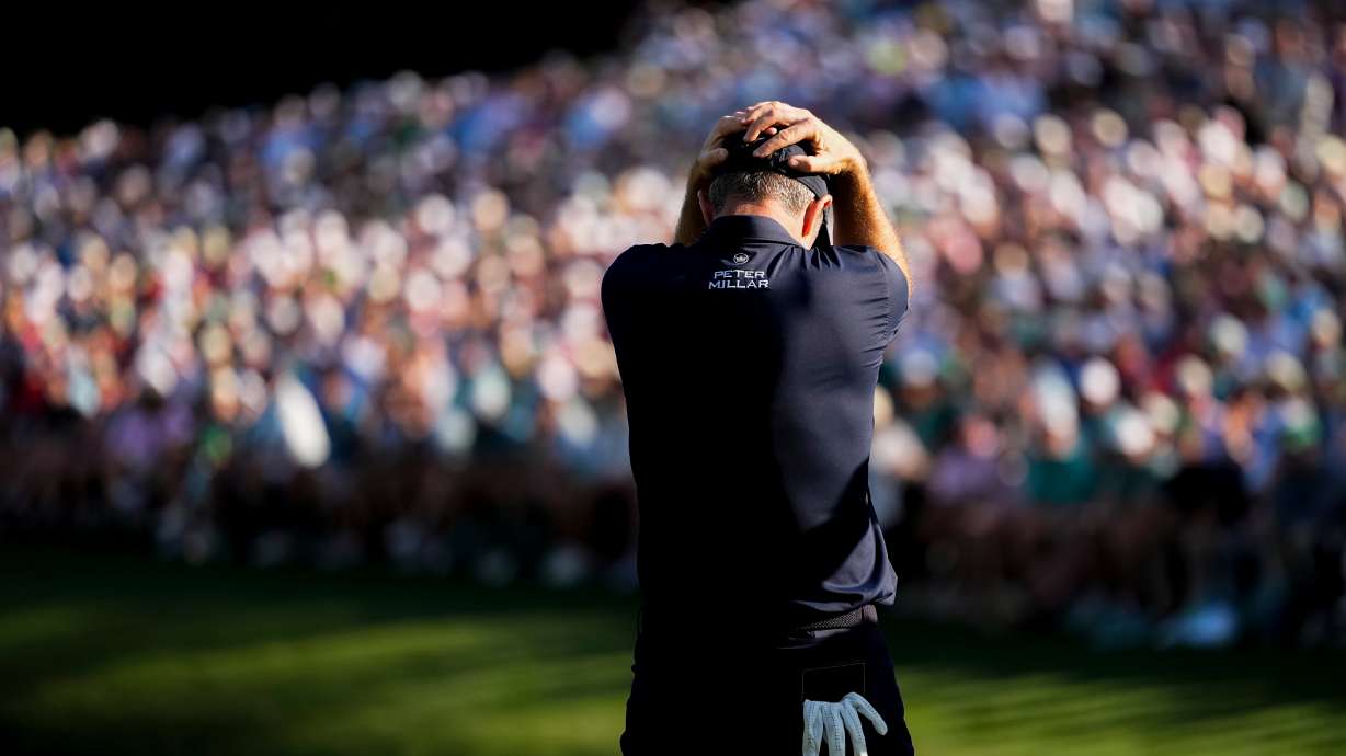 Justin Rose, of England, reacts after missing a putt on the 16th hole during the final round of the Masters golf tournament at the Augusta National Golf Club, Sunday, April 12, 2026, in Augusta, Ga.
