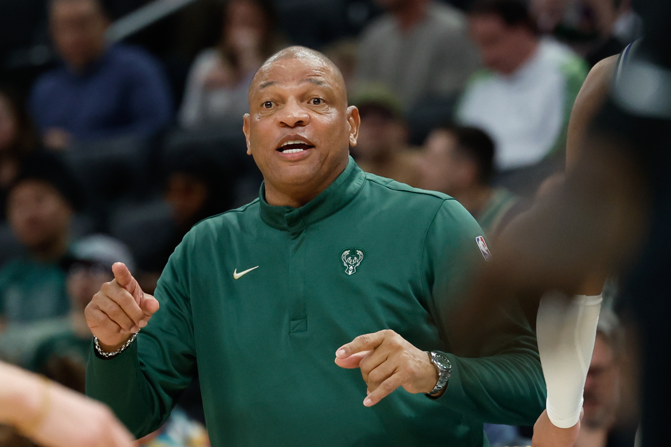 Milwaukee Bucks head coach Doc Rivers on the sidelines during the first half of an NBA basketball game against the Brooklyn Nets, Friday, April 10, 2026, in Milwaukee. 