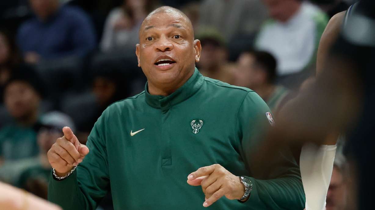 Milwaukee Bucks head coach Doc Rivers on the sidelines during the first half of an NBA basketball game against the Brooklyn Nets, Friday, April 10, 2026, in Milwaukee.