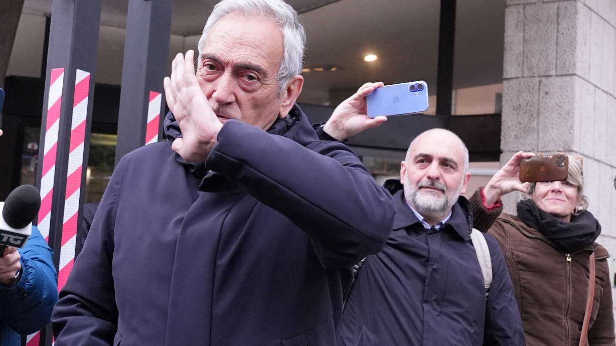 Italy's soccer federation president Gabriele Gravina leaves the FIGC (italian soccer federation) headquarters in Rome, Thursday April 2, 2026 after resigning amid political pressure after the national team failed to qualify for a third consecutive World Cup.