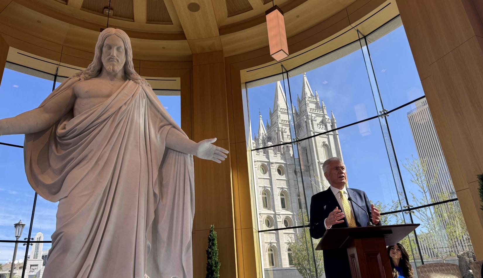 President Dieter F. Uchtdorf of The Church of Jesus Christ of Latter-day Saints speaks to the media about the new Temple Square Visitors' Center in Salt Lake City on Monday.