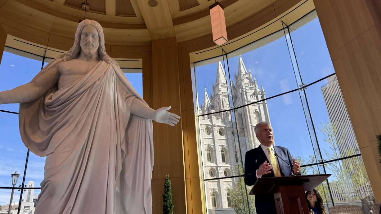 President Dieter F. Uchtdorf of The Church of Jesus Christ of Latter-day Saints speaks to the media at the new Temple Square Visitors' Center in Salt Lake City on Monday.