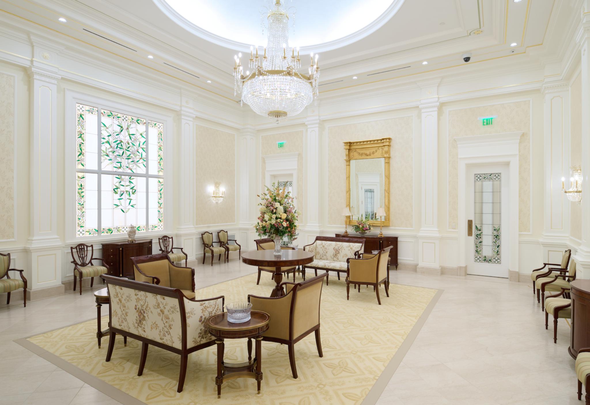 A full-scale replica of a celestial room in the Temple Square Visitors' Center. A celestial room is a place of quiet peace, prayer, and reflection meant to symbolize heaven.