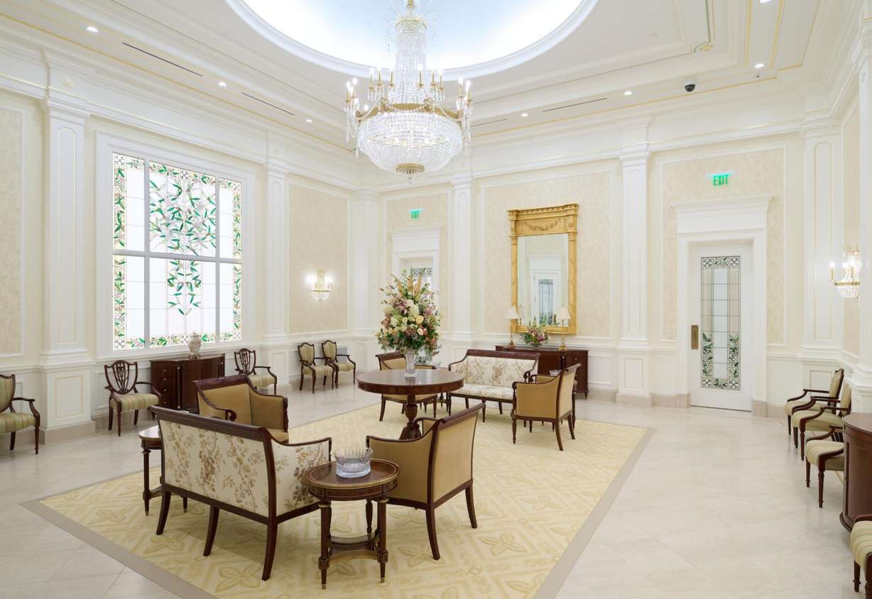 A full-scale replica of a celestial room in the Temple Square Visitors' Center. A celestial room is a place of quiet peace, prayer, and reflection meant to symbolize heaven.
