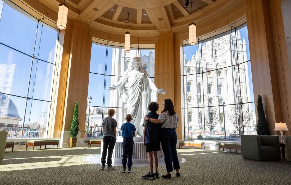 A replica of Bertel Thorvaldsen’s Christus stands in the west wing of the new Temple Square Visitors' Center.