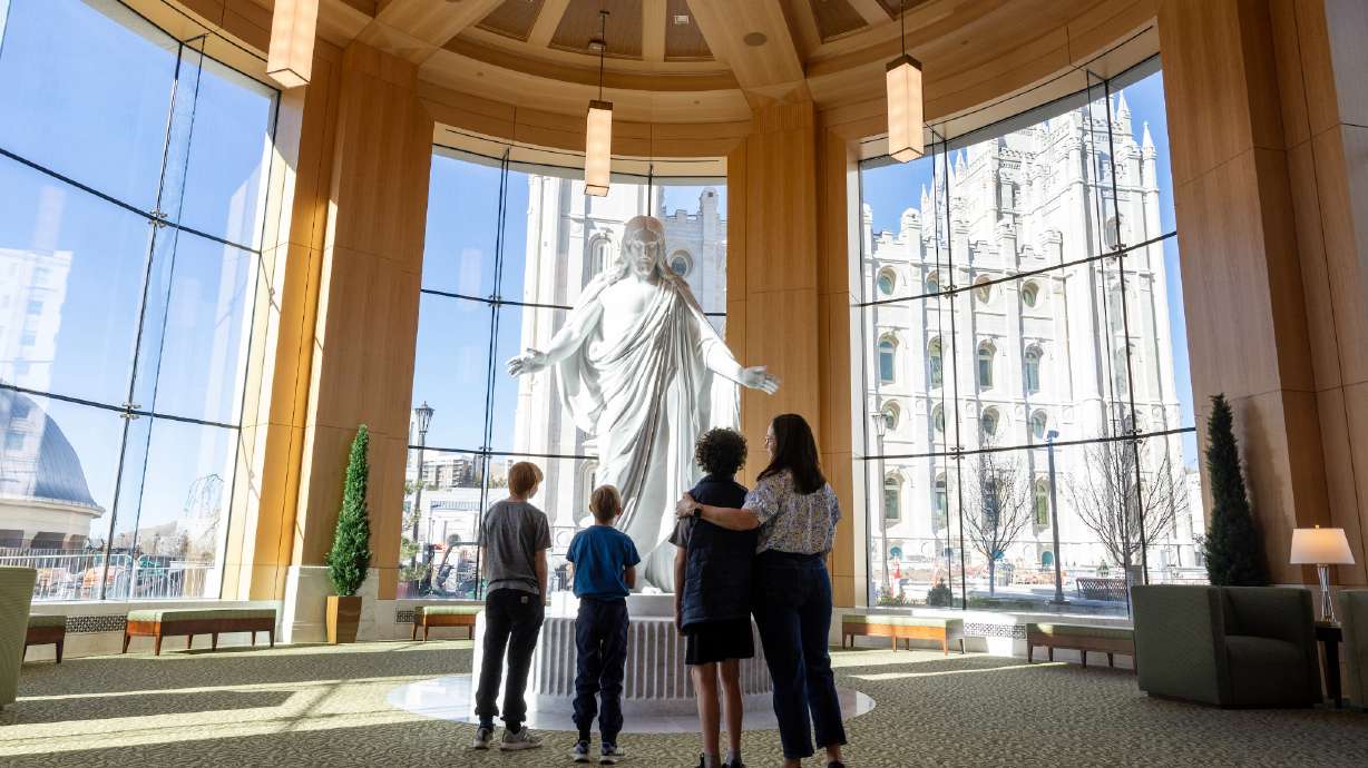 A replica of Bertel Thorvaldsen’s “Christus” stands in the west wing of the new Temple Square Visitors’ Center.