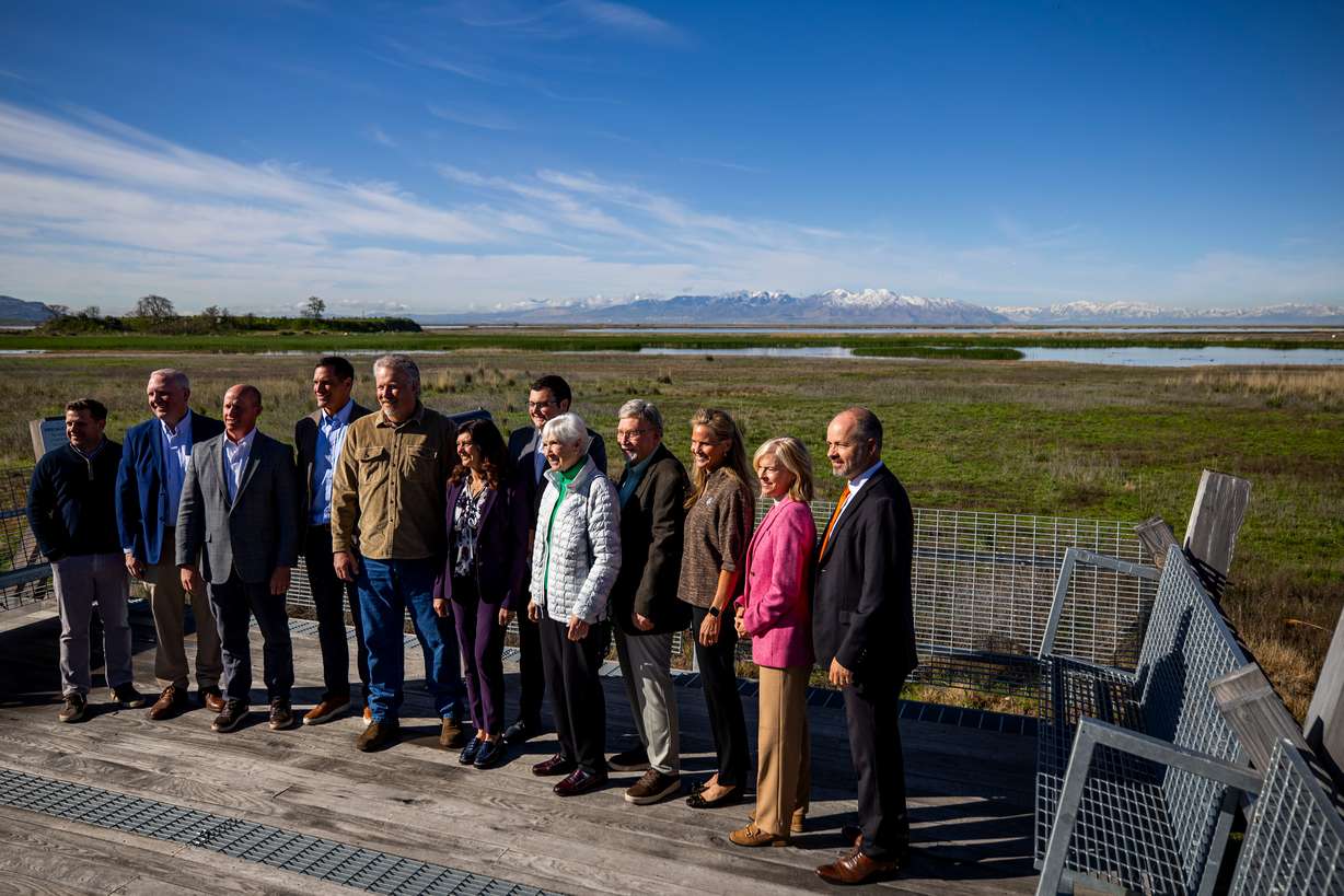 Representatives from the Utah Department of Natural Resources, Great Salt Lake Rising, the Larry H. and Gail Miller Family Foundation, Maverik and The J. Willard and Alice S. Marriott Foundation pose for a photo at the Eccles Wildlife Education Center in Farmington following an event announcing donations to Great Salt Lake Rising on Monday.