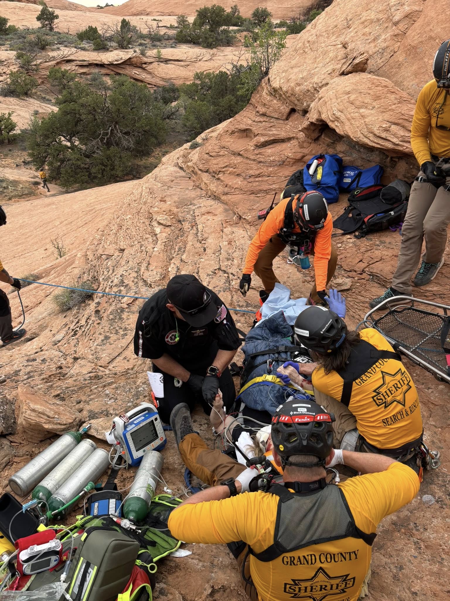 An adult who fell from 70 to 80 feet and tumbled another 50 feet near Moab was rescued Friday after a technical three-hour rescue operation.