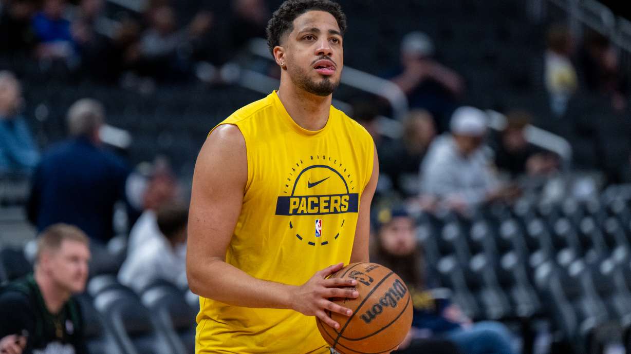 Indiana Pacers guard Tyrese Haliburton (0) shoots around on the court before an NBA basketball game against the Minnesota Timberwolves in Indianapolis, Tuesday, April 7, 2026.