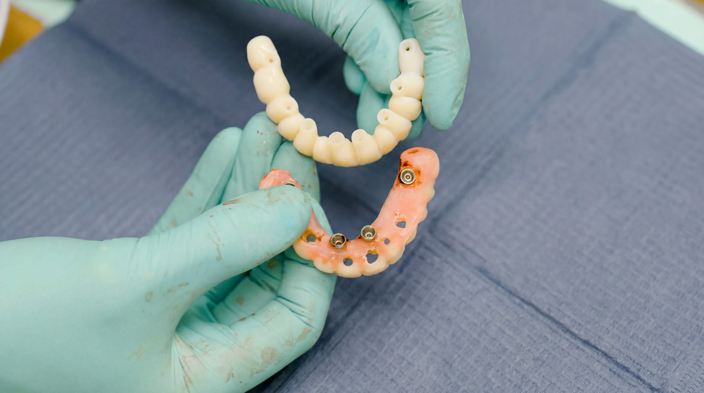 Dr. Logan Locke shows the thickness of Paul’s All-on-4 compared to the 3 on 6.