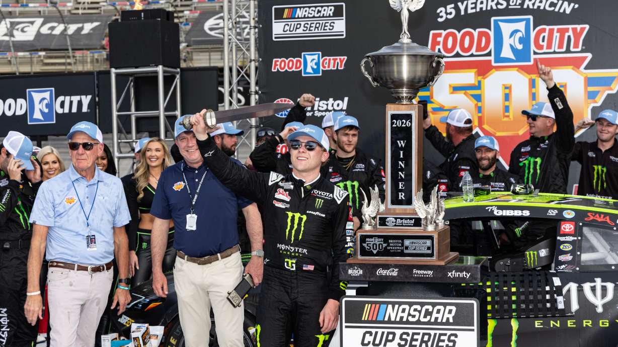 Ty Gibbs, center, celebrates after winning a NASCAR Cup Series auto race, Sunday, April 12, 2026, in Bristol, Tenn.
