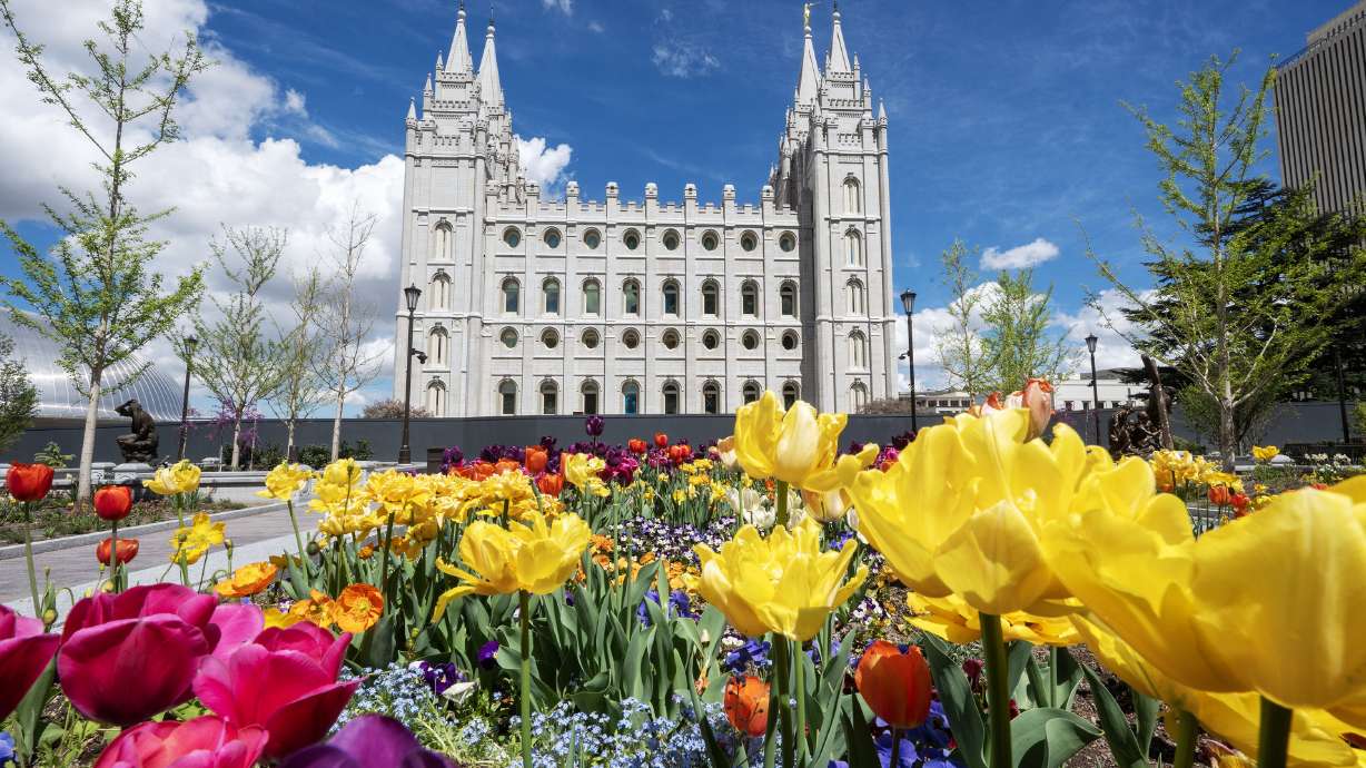 The Salt Lake Temple is still under reconstruction as media are given tours of the new Temple Square Visitors' Center on Temple Square in Salt Lake City on Monday.