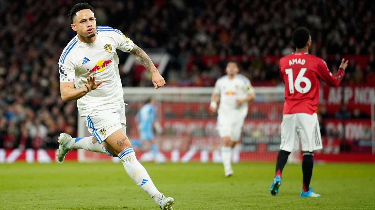 Leeds' Noah Okafor celebrates after scoring during the Premiier League soccer match between Manchester United and Leeds in Manchester, England, Monday, April 13, 2026.