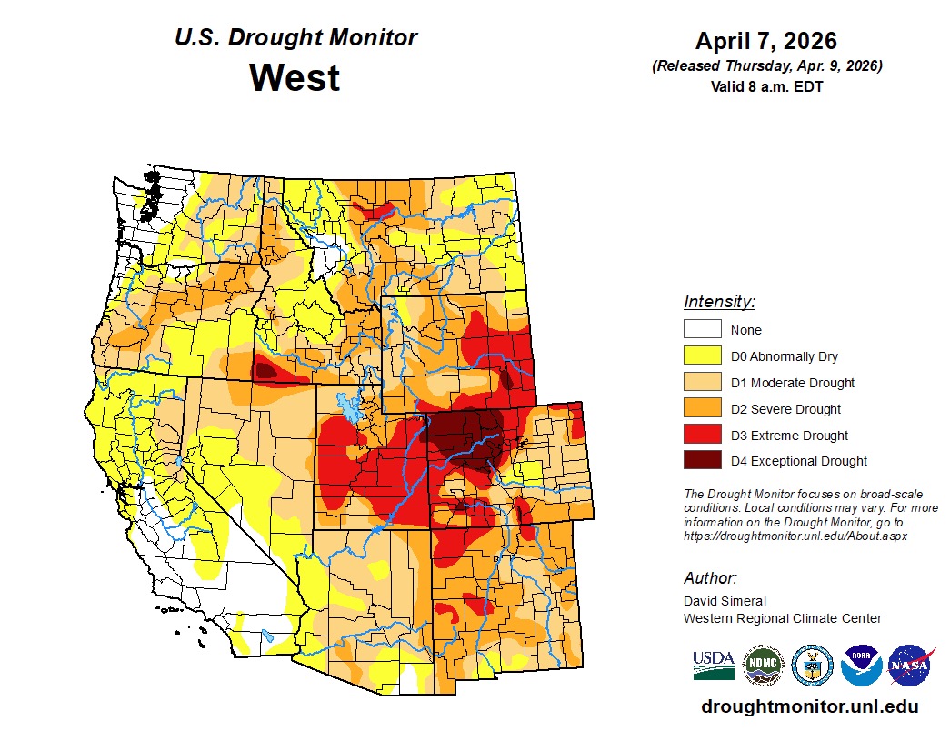 This map shows drought conditions across the West as of Thursday. The worst conditions are located near the Colorado River headwaters.