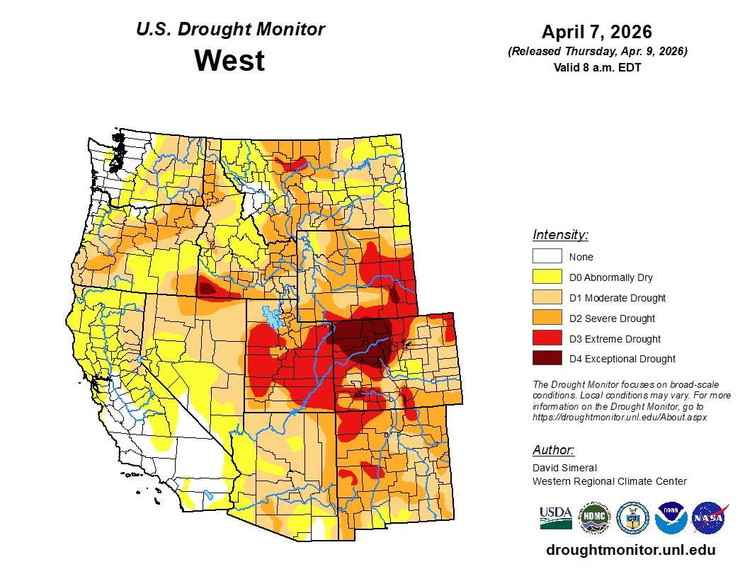 This map shows drought conditions across the West as of Thursday. The worst conditions are located near the Colorado River headwaters.