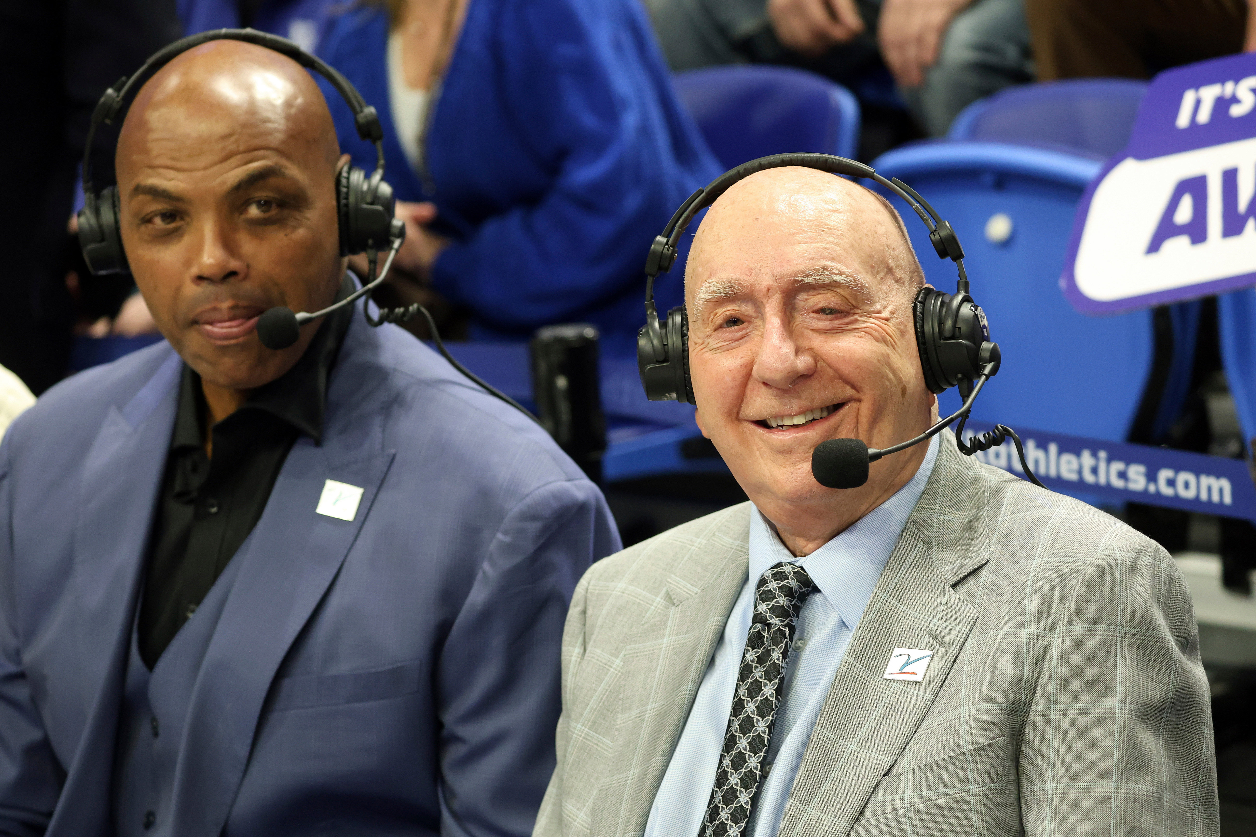 FILE - Charles Barkley, left, and Dick Vitale prepare for their broadcast before an NCAA college basketball game between Kentucky and Indiana in Lexington, Ky., Dec. 13, 2025. 