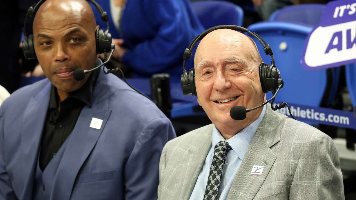 FILE - Charles Barkley, left, and Dick Vitale prepare for their broadcast before an NCAA college basketball game between Kentucky and Indiana in Lexington, Ky., Dec. 13, 2025.