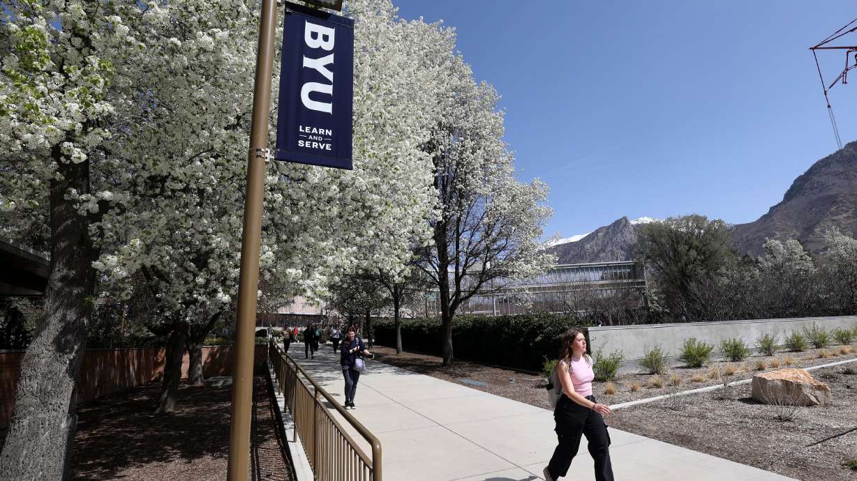 People walk through the campus of Brigham Young University in Provo on April 8, 2025. BYU's J. Reuben Clark Law School is ranked No. 24 in the U.S. News & World Report's 2026 Best Law Schools survey.