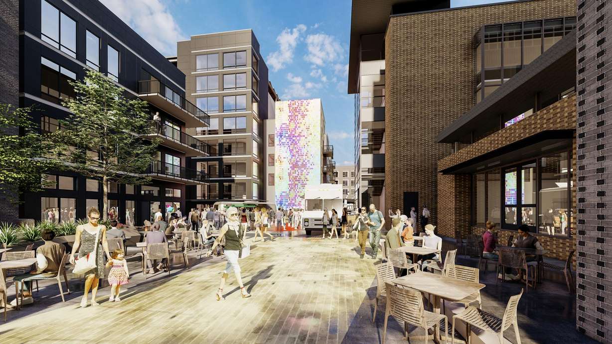 As Ogden's WonderBlock project takes shape, officials on Tuesday, April 14, will launch debate paid downtown parking. The rendering shows what developers think WonderBlock will look like when complete.