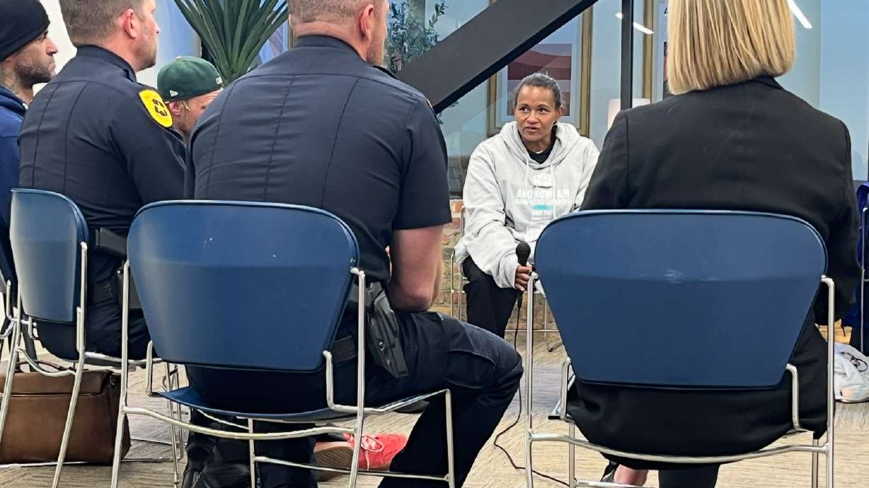 Julia Eubanks speaks about her experiences with Salt Lake City's homeless resources during a meeting with Salt Lake police on Monday. The Nomad Alliance aims to reduce barriers for people experiencing homelessness.