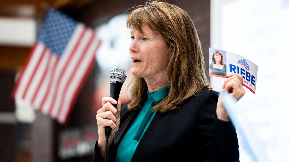 Sen. Kathleen Riebe speaks during a gathering held by Democrats in Salt Lake City as part of caucus night on March 17. Riebe will join forces with former Rep. Ben McAdams in his bid in the Democratic primary for Utah's 1st Congressional District.