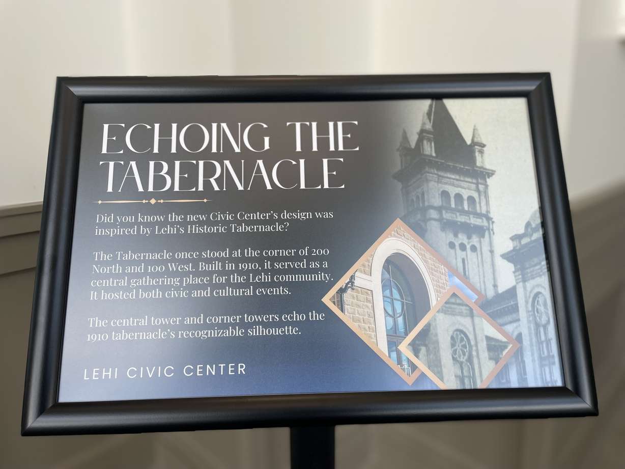 A display pictured inside the new Lehi Civic Center on Monday shares information about the city's historic tabernacle that existed in the 1900's.