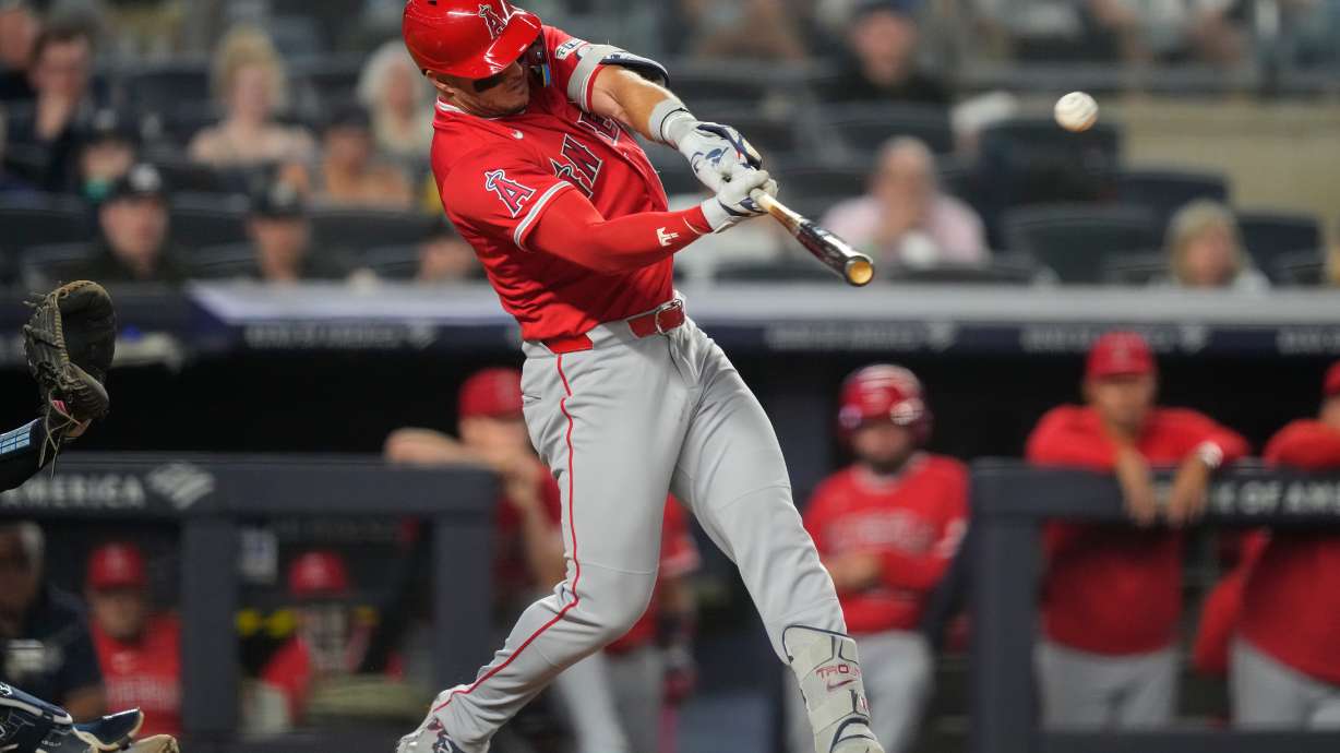 Los Angeles Angels' Mike Trout hits a three-run home run during the sixth inning of a baseball game against the New York Yankees, Monday, April 13, 2026, in New York.