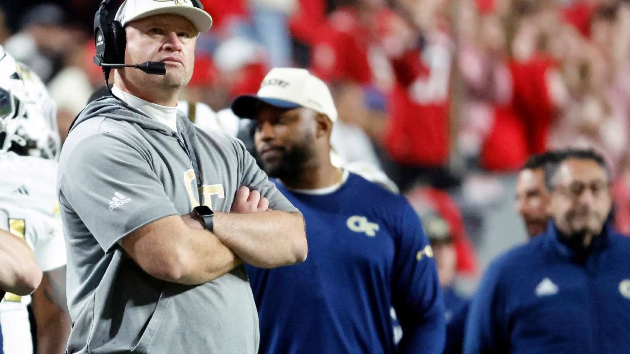 FILE - Georgia Tech head coach Brent Key looks at a replay against North Carolina State during the first half of an NCAA college football game in Raleigh, N.C., Saturday, Nov. 1, 2025.
