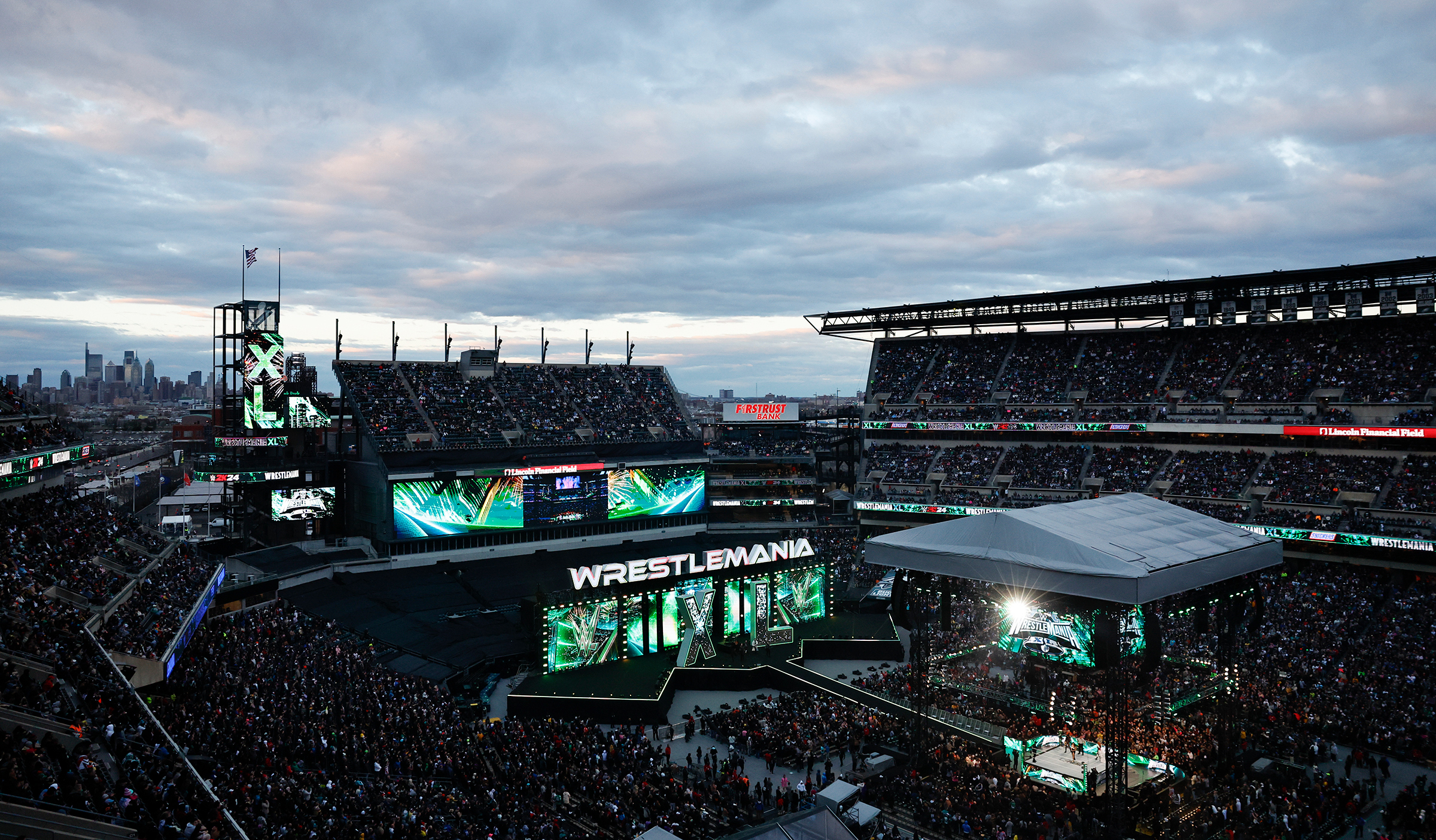 FILE - WrestleMania XL prepares at Lincoln Financial Field on April 6, 2024. 