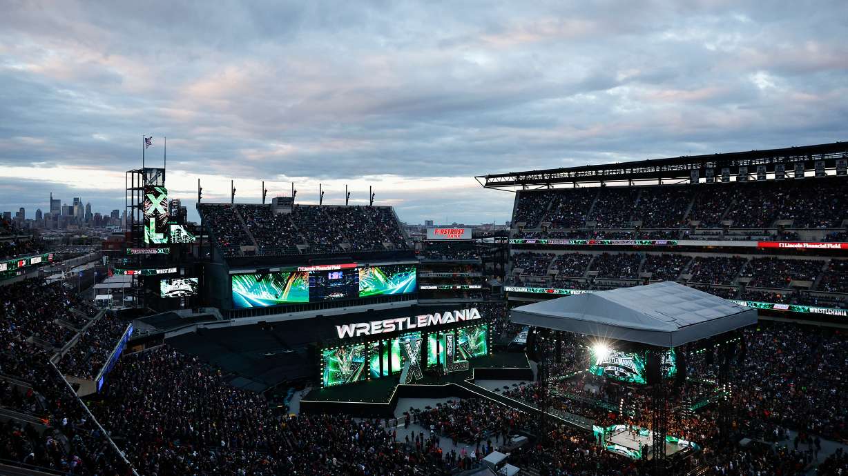 FILE - WrestleMania XL prepares at Lincoln Financial Field on April 6, 2024.
