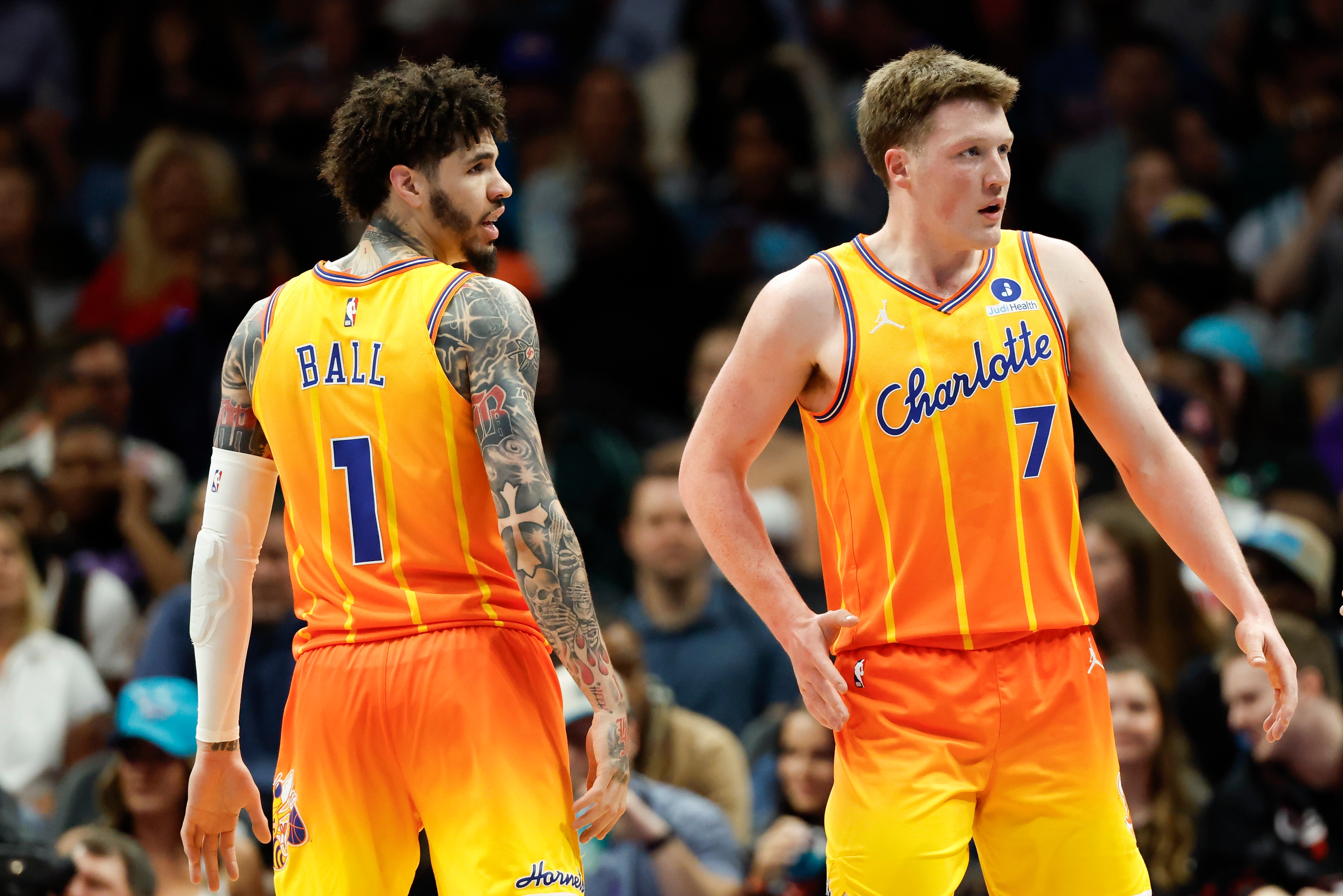 Charlotte Hornets guard LaMelo Ball (1) and guard Kon Knueppel (7) stand on the court during the first half of an NBA basketball game against the Detroit Pistons in Charlotte, N.C., Friday, April 10, 2026. 