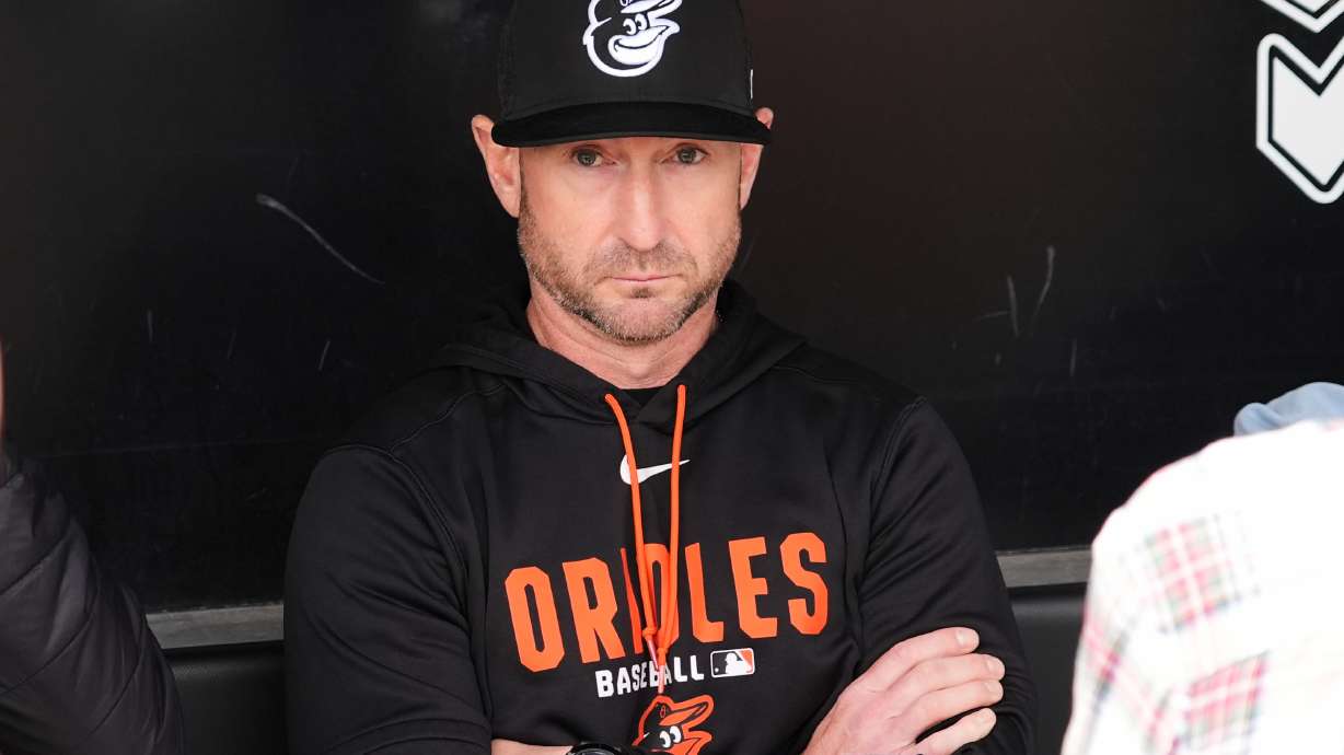 Baltimore Orioles manager Craig Albernaz talks to media in the dugout before a baseball game against the Chicago White Sox in Chicago, Wednesday, April 8, 2026.