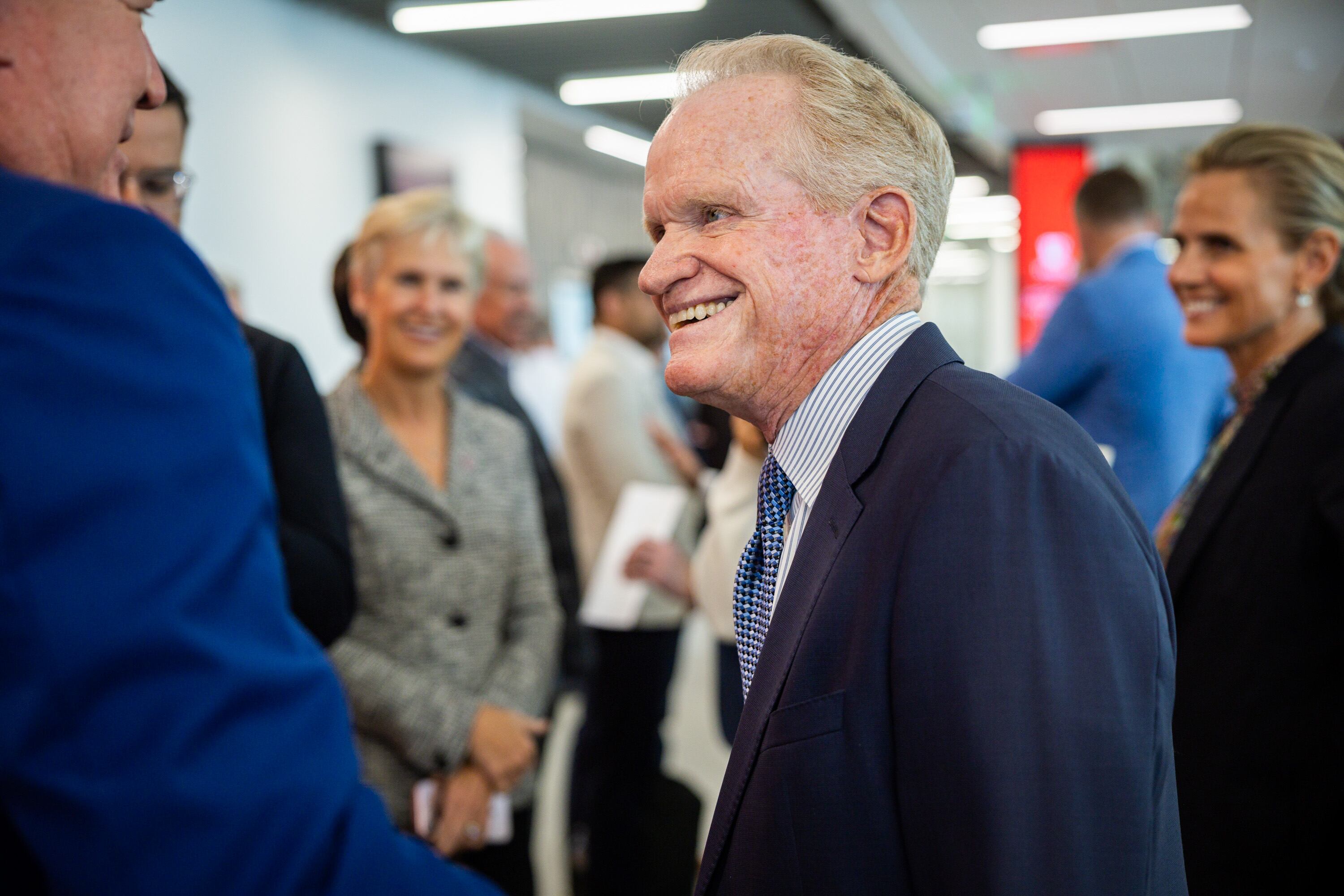 James Lee Sorenson, son of the late James LeVoy Sorenson, speaks to others during a formal dedication event at the James Levoy Sorenson Center for Medical Innovation in Salt Lake City on Tuesday. The nearly 60,000-square-foot, four-level center is designed to accelerate medical research, medical device development and life sciences training.