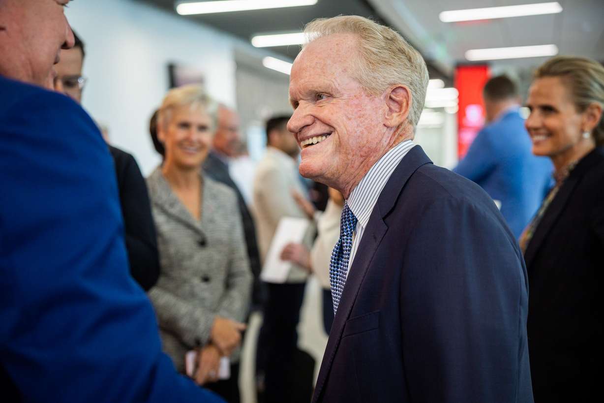 James Lee Sorenson, son of the late James LeVoy Sorenson, speaks to others during a formal dedication event at the James Levoy Sorenson Center for Medical Innovation in Salt Lake City on Tuesday. The nearly 60,000-square-foot, four-level center is designed to accelerate medical research, medical device development and life sciences training.