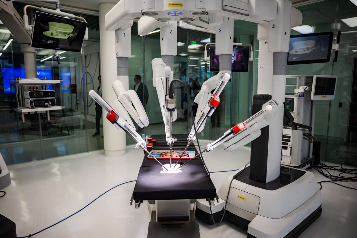 Da Vinci Robotic Surgical System inside the ASCENT Surgical Lab during a formal dedication event at the James Levoy Sorenson Center for Medical Innovation in Salt Lake City on Tuesday. The nearly 60,000-square-foot, four-level center is designed to accelerate medical research, medical device development and life sciences training.