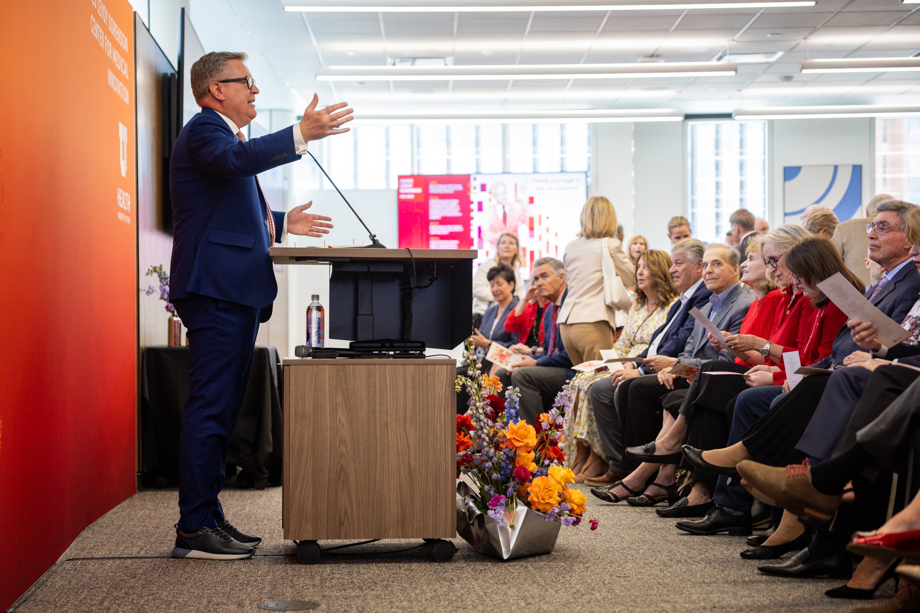 Mark Paul, executive director of the Center of Medical Innovation at University of Utah Health, speaks during a formal dedication event at the James Levoy Sorenson Center for Medical Innovation in Salt Lake City on Tuesday. The nearly 60,000-square-foot, four-level center is designed to accelerate medical research, medical device development and life sciences training.