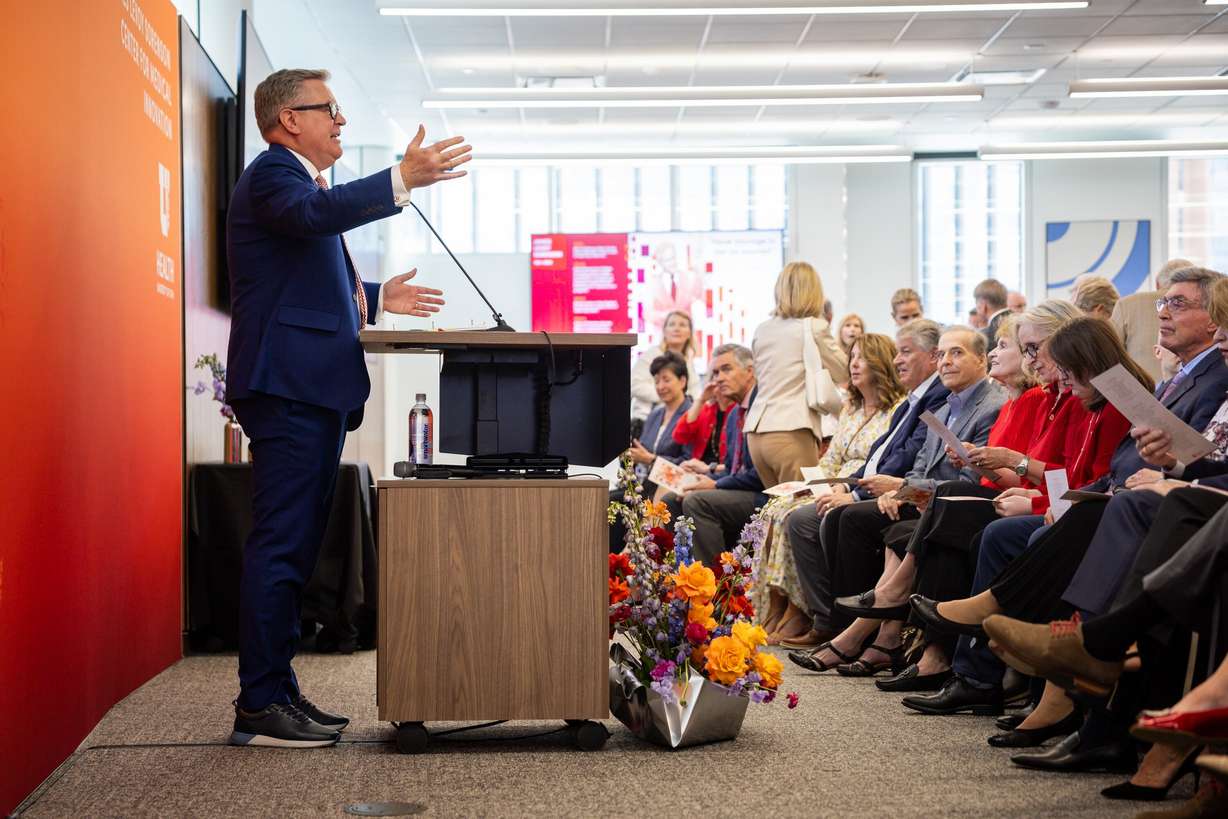 Mark Paul, executive director of the Center of Medical Innovation at University of Utah Health, speaks during a formal dedication event at the James Levoy Sorenson Center for Medical Innovation in Salt Lake City on Tuesday. The nearly 60,000-square-foot, four-level center is designed to accelerate medical research, medical device development and life sciences training.
