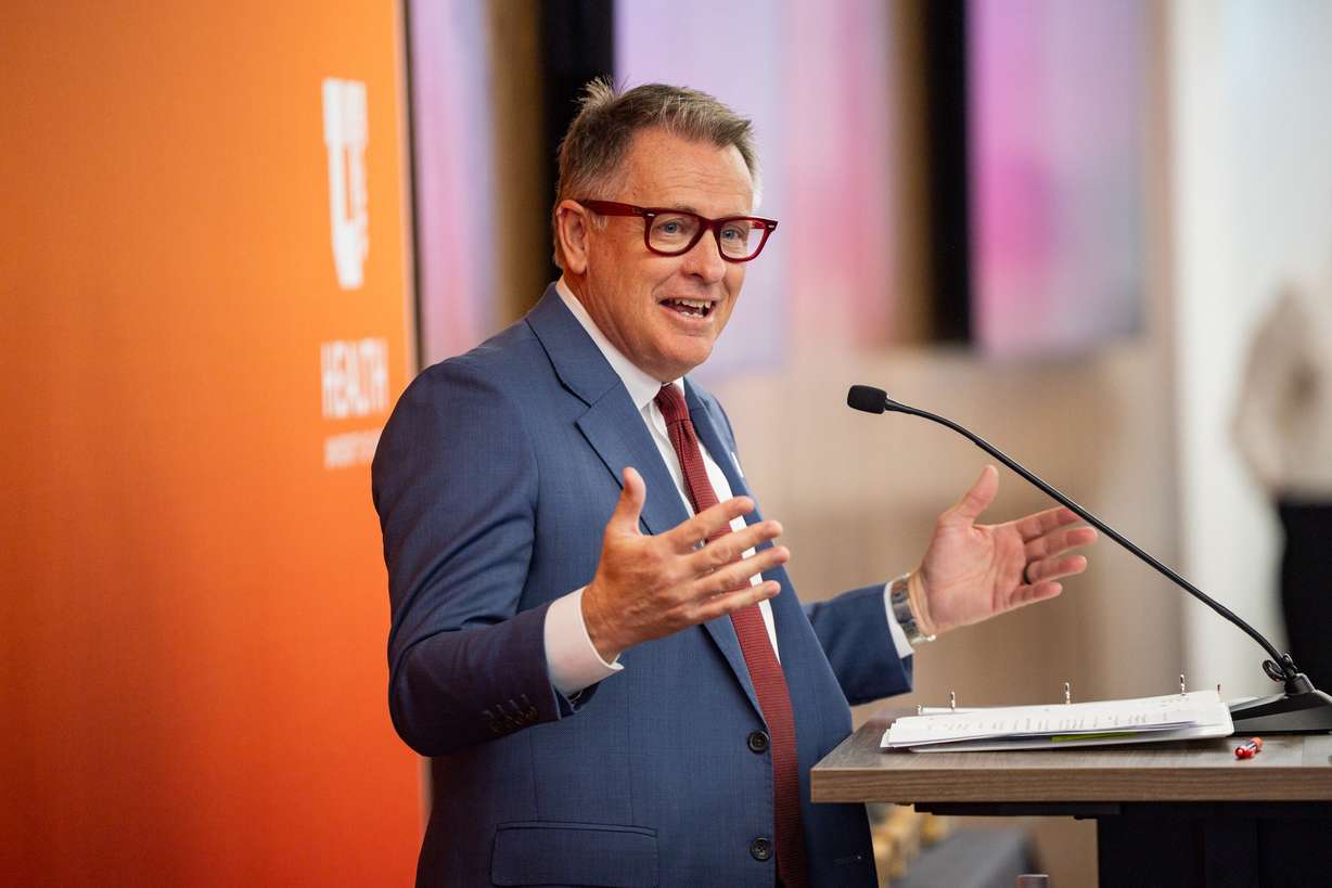 University of Utah President Taylor Randall speaks during a formal dedication event at the James Levoy Sorenson Center for Medical Innovation in Salt Lake City on Tuesday. The nearly 60,000-square-foot, four-level center is designed to accelerate medical research, medical device development and life sciences training.